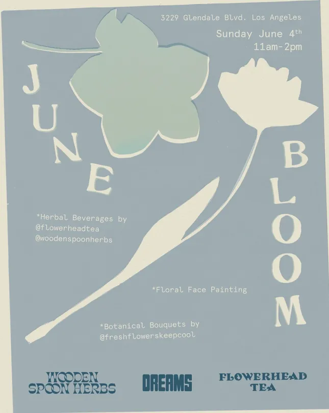 flyer for Wooden Spoon Herbs, Dreams Los Angeles, Flowerhead Tea