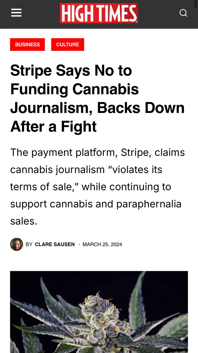High Times - Stripe Says No to Funding Cannabis Journalism, Backs Down After a Fight